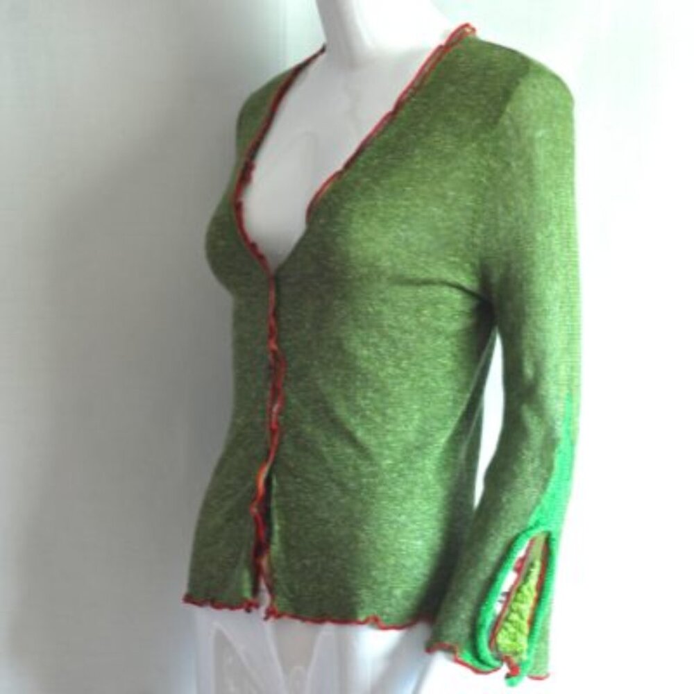 Tricot Chic Lightweight Green Cardigan With Trim On Sleeves & Collar - Italy